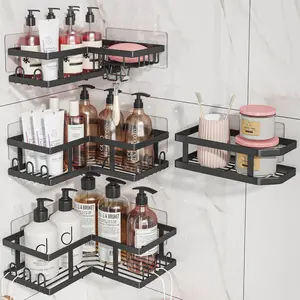 Shower Caddy Corner with Soap Holder, No Drilling Rustproof Shower Shelves, Adhesive Shower Organizer Corner for Dorm, Black, 4-Pack
