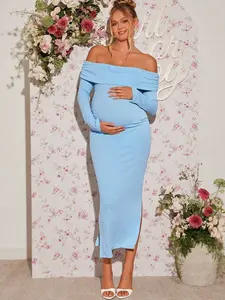 BELLAdresses Elegant Party Solid Color Off Shoulder Fitted Maternity Dress,Gender Reveal Dress,Maternity Dress, Baby Shower Dress For Photoshoot