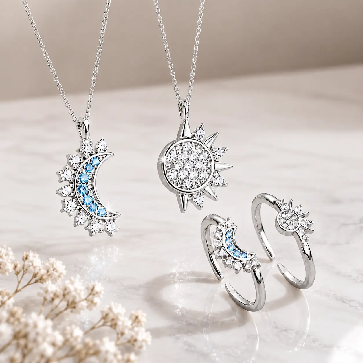 Silver-Tone Sun Moon Matching Jewelry Set for BFFs & Best Friends, Dainty Zircon Sun Moon Pendant Necklaces & Adjustable Open Rings, Freak Gifts for Her, Birthday Anniversary Friendship Gift