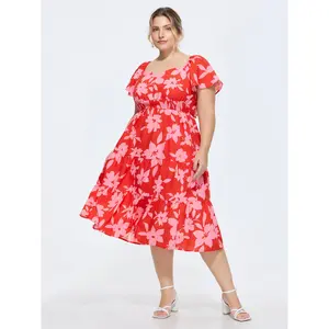 BloomChic Women's Plus Size Casual Boho Ditsy Floral Smocked Polyester Midi Dress with Cap Sleeves and Pockets, Casual Wear, Fabric