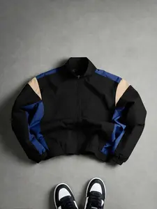 Men's Colorblock Reflective Standing Collar Jacket, Casual Long Sleeve Fitted Outerwear, All Seasons Sportswear for Outdoor Activities, Athletic Jackets
