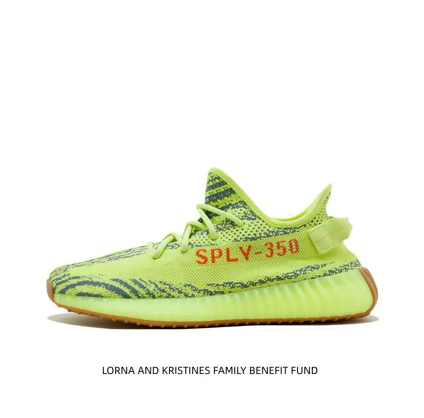 Fluorescent lime knit low-top running sneakers zebra dark gray stripe print red side letter logo ripple cushioned midsole gum rubber outsole lightweight daily street trainers