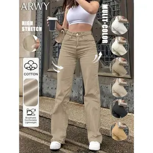 Women's Casual Woven Denim Jeans, Summer Fitted High Waist Straight Leg Pants, Simple Solid Color Daily Wear, Moderate Stretch Comfort Fit