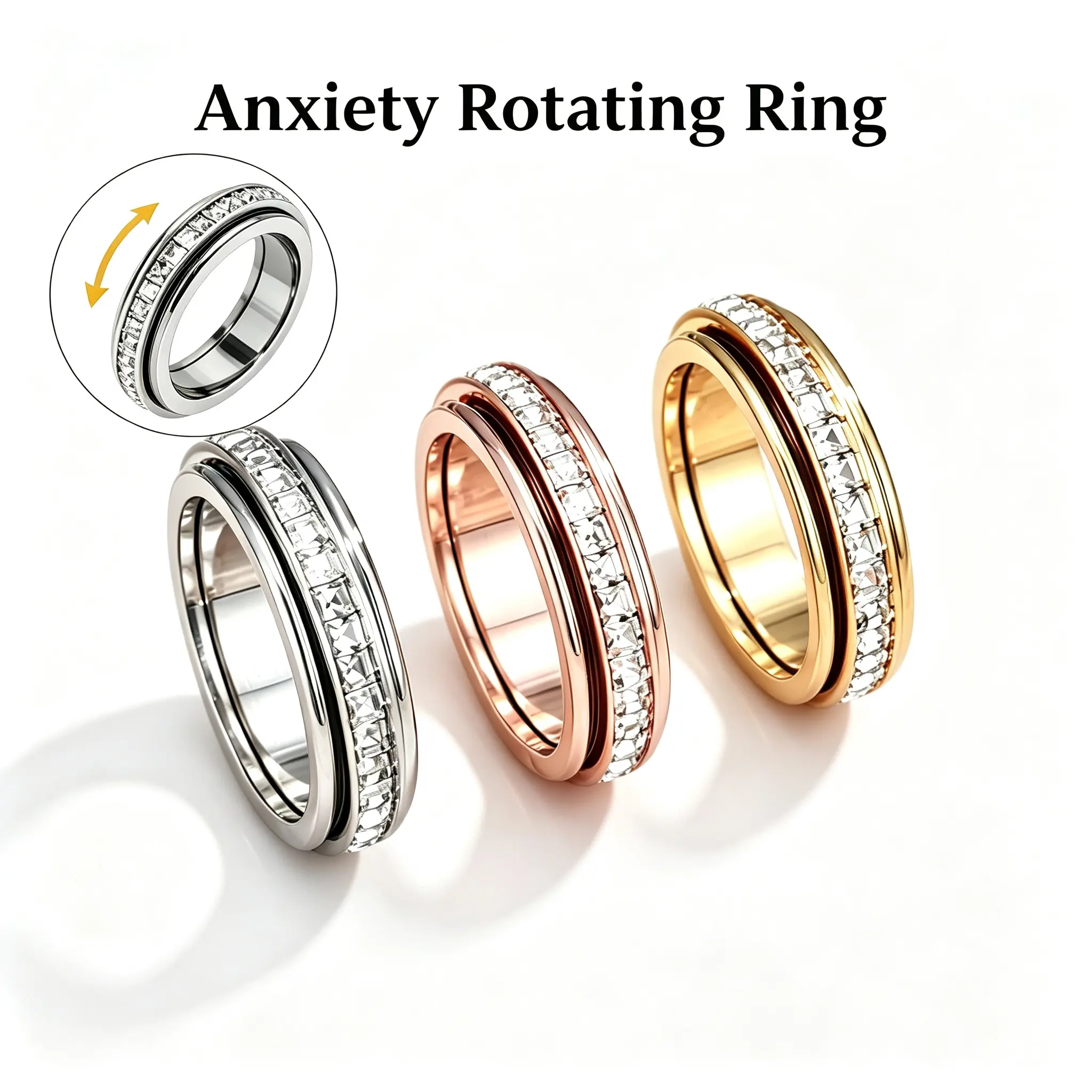Non Tarnish Titanium Steel Anxiety Spinner Fidget Ring with Cubic Zirconia, Rotatable Stress Relief Band for Women & Men, Comfort Fit Wedding Promise Ring, Love Gift Accessory Sizes 6–9