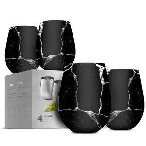 Stainless Steel Unbreakable Wine Glasses - 18 Oz Set of 4 Wine glasses. Premium Grade 18/8 Stainless Steel Red & White Stemless Wine Glasses set, (Polished Raven Marble)