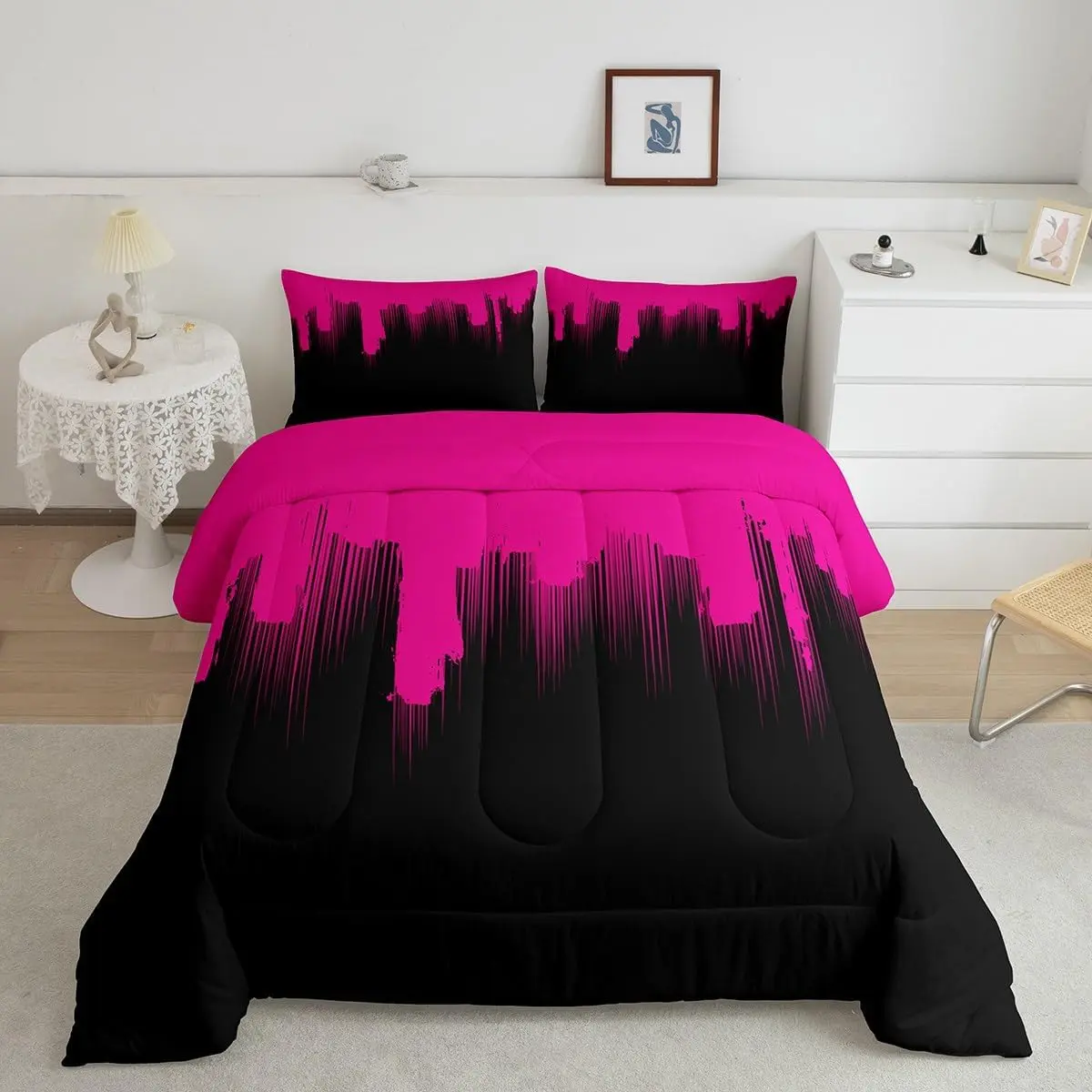 Feelyou Queen Size Microfibre Decorative Bedding Set - Hot Pink & Black Ombre Stripes, Modern Geometric Designer Style, Breathable Flat Weave, Machine Washable Luxury Bedding with Quilt Elements, Multi-Size Option Available