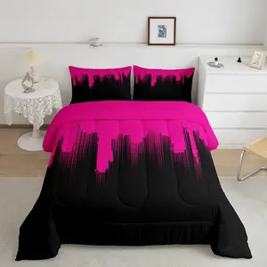 Hot Pink Black Designer Comforter Set,Ombre Stripes Luxury Bedding Set,Set Decor Abstract Art Comforter,Modern Design Duvet Sets,Quilt Sets