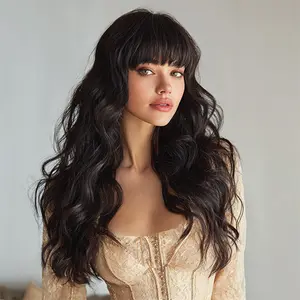 SMILCO/26Inch Natural Black Long Wavy /Synthetic Wig With Bangs/SM7642