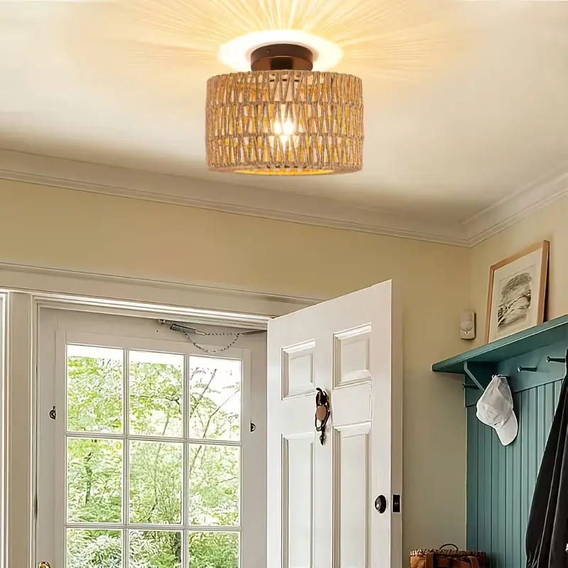 Bohemian Ceiling Light Fixture with Adjustable LED Bulb chandelier Mini Rattan Hanging Lamp Shade Handwoven Ceiling Light Fixture for Hallway BedroomKitchen Entrance Living Room Inset Installation lights for bedroom night light lamps for bedroom lamps sum