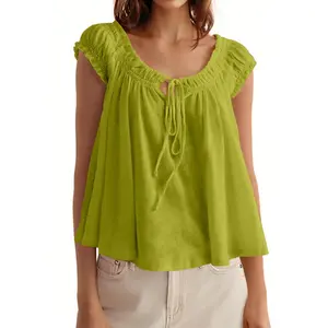 Tankaneo Women Summer Tie Front Tank Tops Cap Sleeve Pleated Babydoll Tops Casual Loose Fit Going Out Flowy Shirt