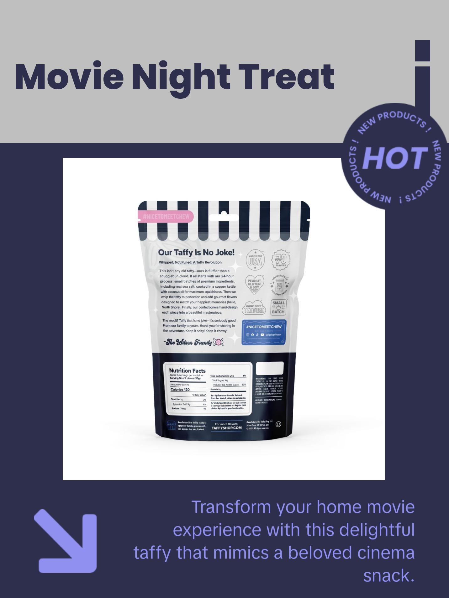 Taffy Shop, What's Poppin' Salt Water Taffy - Gourmet Buttered Popcorn Soft & Chewy Candy