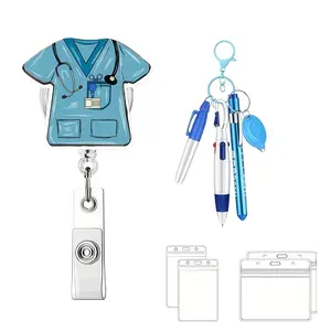 Nurse Badge with Extensible Design, 4 ID Card Holders, Keychain, Pen Set, Acrylic Name Tag Clip, Ideal for Work & Office Use