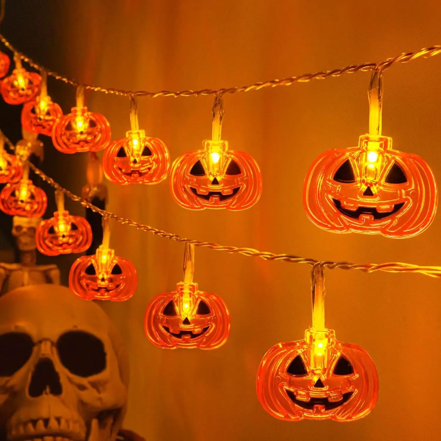 Spooky Plastic Jack-O'-Lantern Halloween String Lights - 10FT 20LED, Battery Operated (Batteries Required), Push Button Switch, Timer, 8 Modes, Corded, Waterproof, Colorful, for Indoor Outdoors Halloween Decor (Festive Party Supplies), Colorful Lights, Ha
