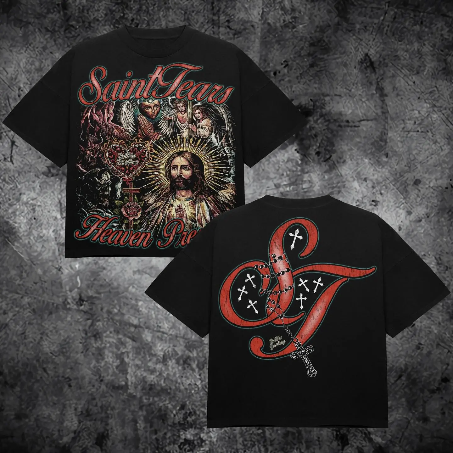 Vintage Graphic"SAINTTEARS, HEAVEN PRESENTS" Tops Tshirt streetwear, Y2K style Casual Cotton Classic Crewneck DesignTees