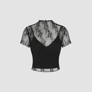 Cider [4 colors, size 2-26] High Neck Lace Floral Top & Solid Crop Cami Top Set