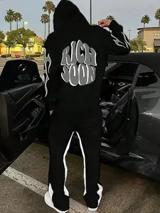 Men's Flame Pattern Two-Piece Set, Comfortable Homewear with Hooded Sweatshirt and Pants, Geometric Print, Casual Fall & Winter Wear