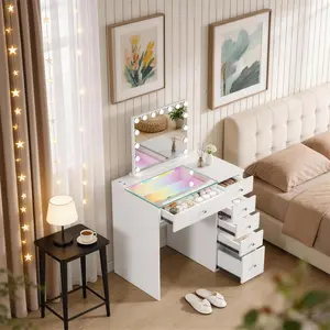 VANITII 6-Drawer 35'' Vanity desk with RGB Lights Adjustable Color Lights Dressing Table Makeup Vanities