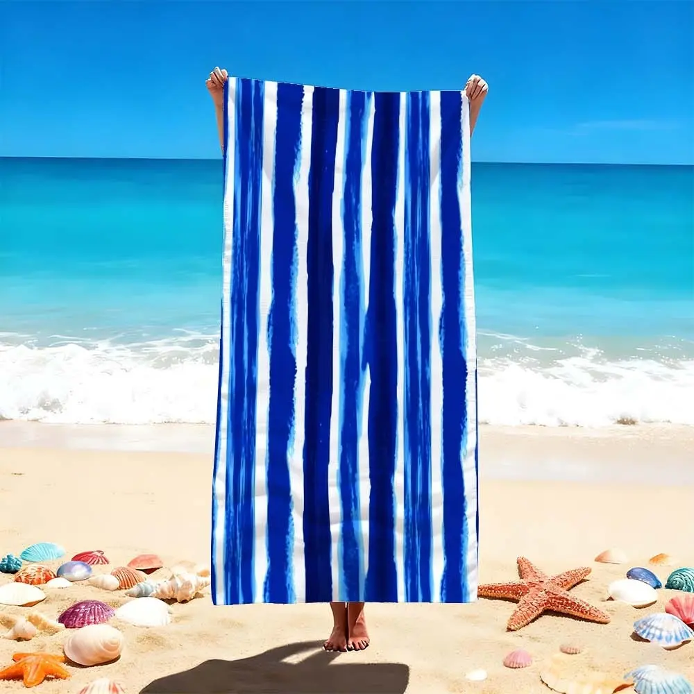 1 Pc Blue Striped Beach Towel for Ocean Vibes, Striped Towels, Perfect Beach Blanket for Summer Holidays & Poolside Relaxation, Ideal Accessory for Seaside Adventures & Sunbathing