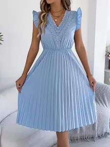 Women's Casual Summer V Neck Ruffled Pleats Midi Dress with Lace Details, Fitted and Lightweight Fashion for Spring and Summer, Perfect for Everyday Wear