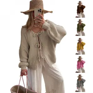 2026 Women's Tie Front Bow Sweater Cardigan Chunky Knit Long Puff Sleeve Trendy Fall Winter Jacket Coats FallFreshness..