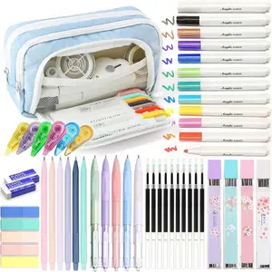 42 count Aesthetic School Supplies with Large Pencil Case, 12 Marker Pens with box, 5 Black Ink Gel Pens, 6 Mechanical Pencils Set, Sticky Notes, Complete Essentials Stationery Kit for Students