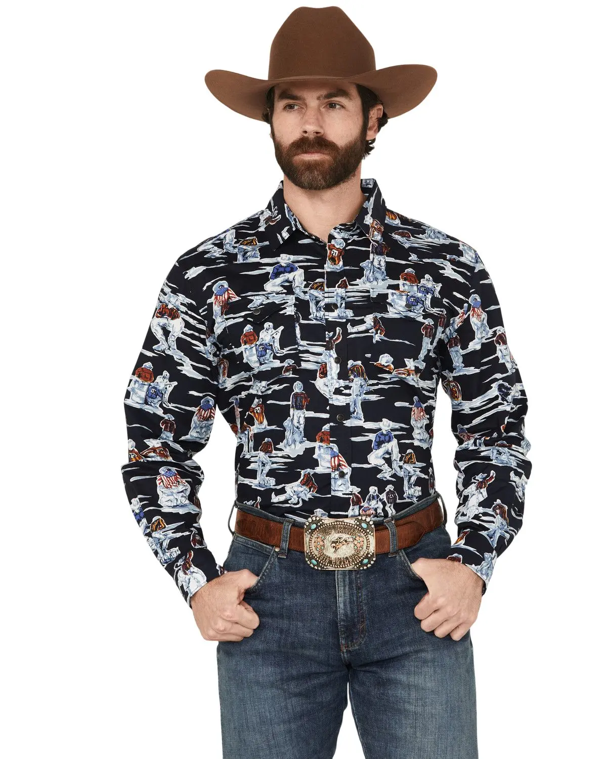 Panhandle Men's Men'S Vintage Patriotic Cowboy Long Sleeve Snap Western - Pmn2s05747
