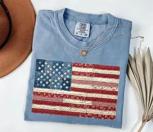 Comfort Colors Retro American Flag T-Shirt Patchwork USA Graphic Tee Patriotic 4th of July Shirt Independence Day Print Tee, Andrew Clothings