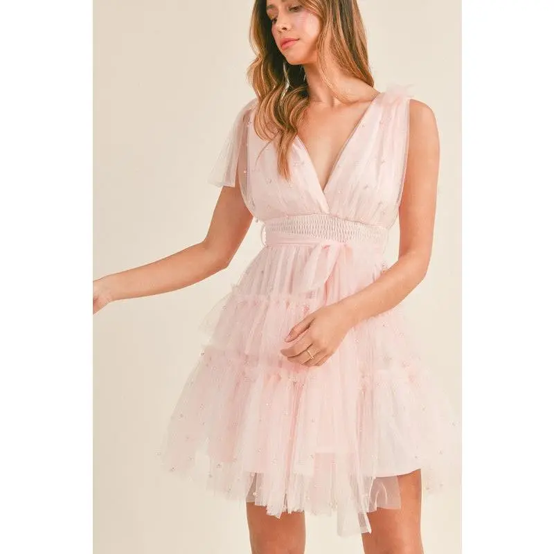 Candice Pearl Tulle Mini Dress - Pink (also available in white)