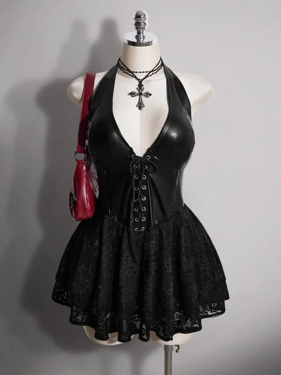 Plus Size Backless Mini Dress Cross-Strap PU Leather Halter A-Line for Club Night and Festival