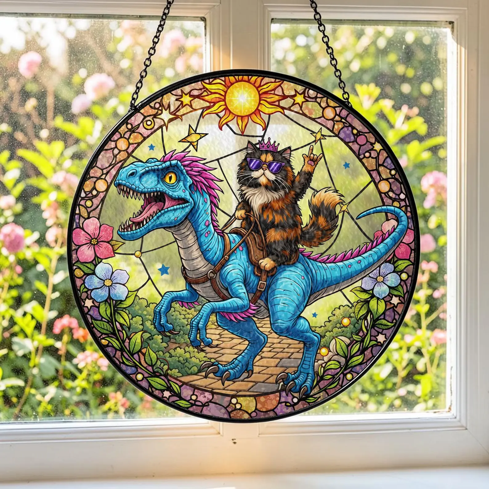 Princess Donut and Mongo Suncatcher, Dungeon Style Fantasy Window Hanging, LitRPG Fan Art Gift