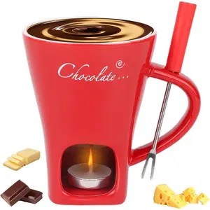 Chocolate Fondue Cup Set Ceramic Sweet Melting Mug Tealight Mini Fondue Pot Kit with Fork & Candle Candy Warmer for Cheese Desserts Perfect for Date Nights Valentines Birthday Wedding Gift Red