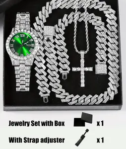 TK Shop Viral Trending Now 4pcs/set Adjustable Iced Out Bling Jewelry Set for Men Women Him Her | Luxury Iced Out Cuban Link Chain, Statement Cross Pendant Necklace, Sparkling Watch & Matching Bracelet Set | Perfect for Parties Dating Club Daily Wear Chri
