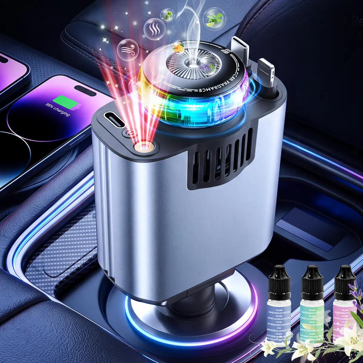 【New Airfreshener Starlight In Car Roof】5 in 1 Car Charger, Car Air Freshener with High Speed USB C Adapter with Lightning Cable & Charge Port for iPhone & Android Phone, Retractable Car Charger, Comes with 3 Bottles of Fragrance, Car Accessories