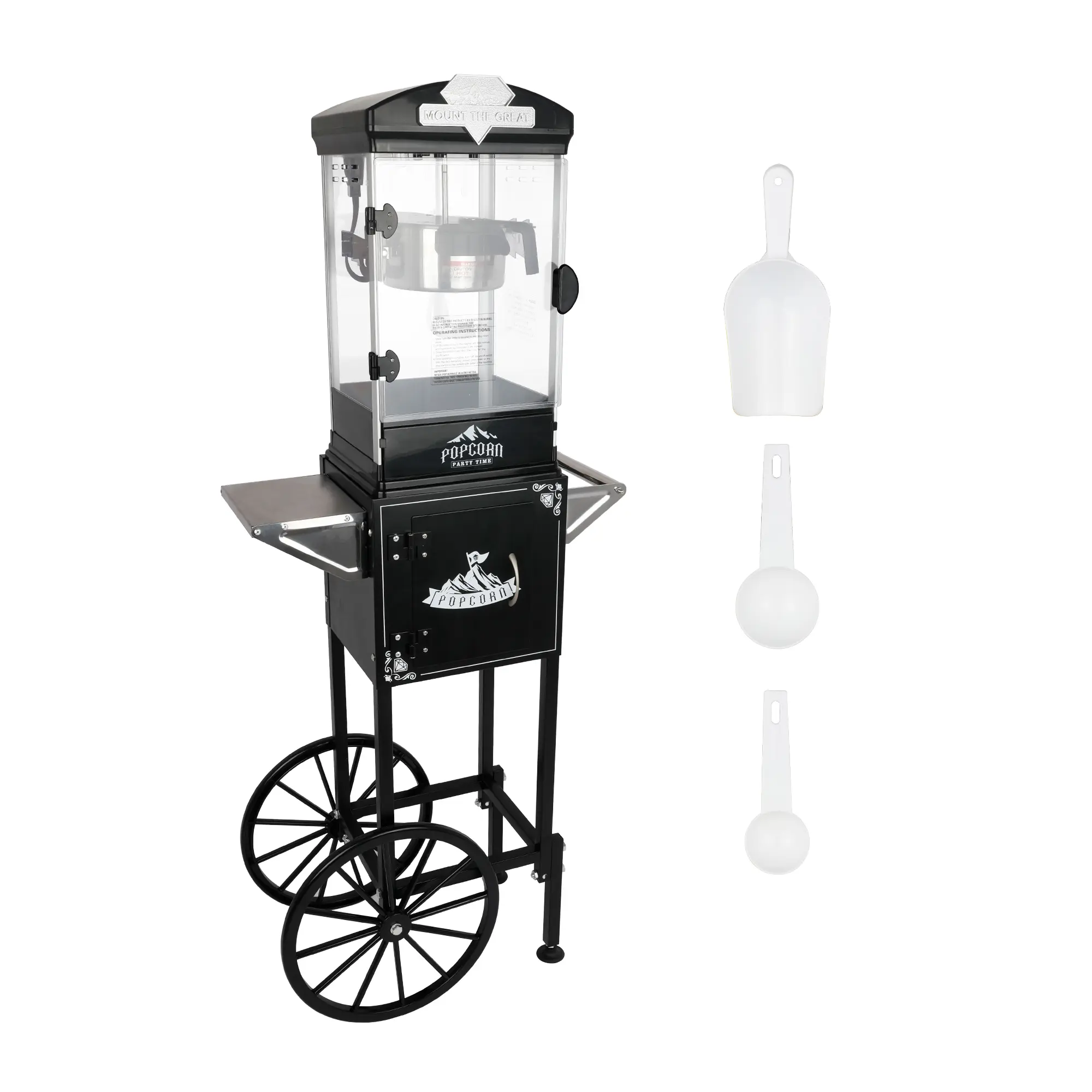 10oz Popcorn Popper Machine with Movable Cart, Built-In Kernel Stirrer, Stainless Steel Construction, Storage Cabinet, Compact Portable Design, 1-Button Operation, Black for Home & Business Owners (Works with 10oz Popcorn Kernels)