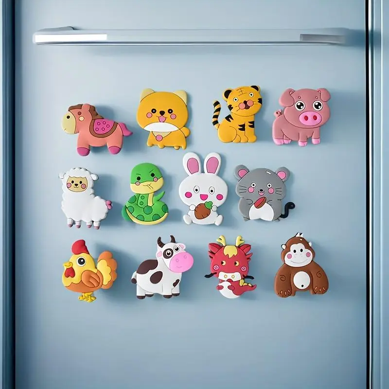 Cute Animal Refrigerator Magnets Set, 12pcs Magnetic Fridge Magnets for Kids, Rabbit Pig Tiger Cow Design, Perfect for Whiteboard & Shelf Use, Home Decor