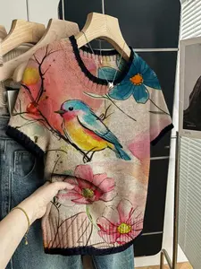 Floral Plant Print Round Neck Sweater, Casual Short Sleeve Knitwear for Spring Summer Fall, Comfortable Warm Women's Clothing Floral Design Knit