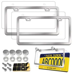 License Plate Frames Covers - Stainless Steel Car Tag Holder And Clear Flat Shield  Unbreakable Front Rear Protector With Chrome Screws Caps 2 Sets