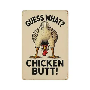1pc 12×8 Inch Guess What Chicken Butt Funny Metal Tin Sign, Vintage Distressed Aluminum Wall Decor, Pre-drilled Humorous Farm Chicken Sign for Home Coop Bar, Novelty Gift for Chicken Lovers, humorous wall decor