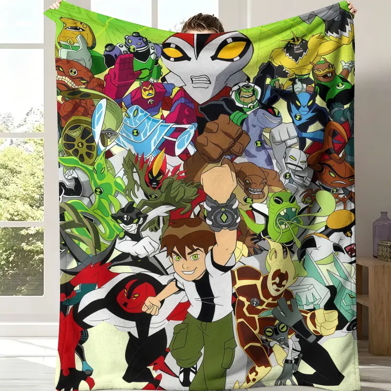 Ben 10 Complete Alien Hero Collage Flannel Throw Blanket - Bright Green Leaf Texture Background,Central Ben Tennyson Omnitrix Pose, Classic Alien Transformations, Soft Fleece, Boys' Playroom/Bedroom Decor, All-Season Cartoon Fan Gift