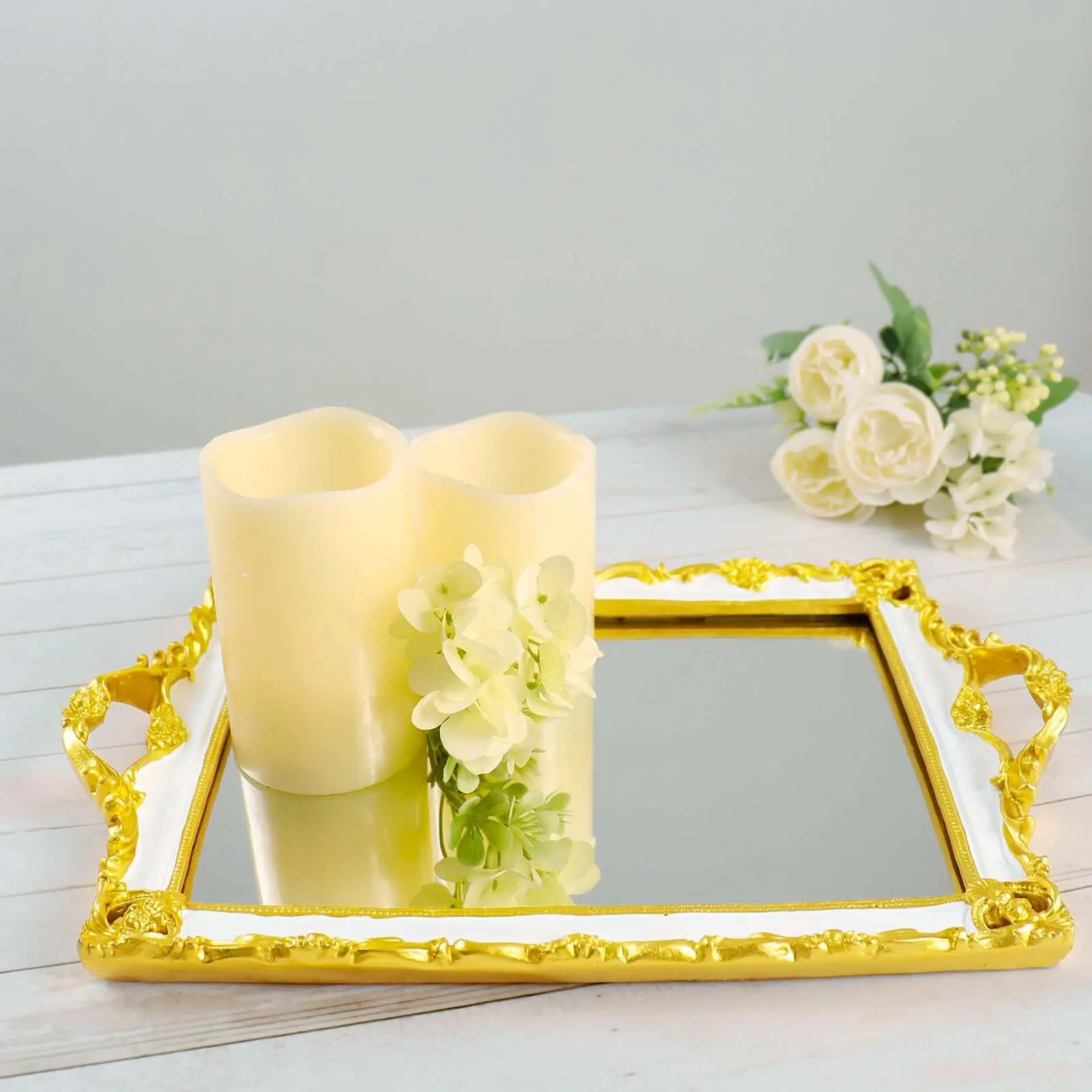 15"x10" Rectangular Resin Mirrored Serving Tray - White with Gold Baroque Design, Stylish Decorative Vanity Centerpiece for Bedroom Decor, Bathroom Decor Ideas