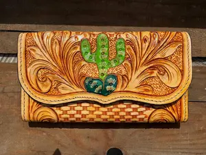 Western Leather fully tooled wallet with cactus and feathers detail by Double B Wild Rags