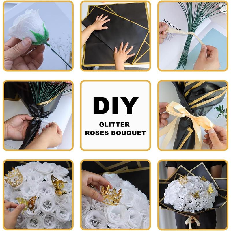 DIY Glitter Roses Bouquet White  - 36 Pack  Shiny Bouquet with Stems Butterfly Crown Eternal Floral for Halloween Elegance Wedding Bouquets Anniversary Birthday Party Gifts