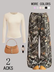 Women's Loose Fit Round Neck Long Sleeve Sweatshirt Set, Casual Print Pants with Drawstring, Soft Comfortable Daily Wear, Soft Lounge Sets