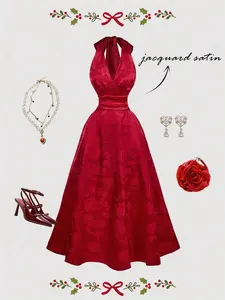 Red Satin Floral Jacquard Halter V-Neck Long Dress With Bow – Vintage Baroque Style, Date, Party, Glamorous Court, Festive, Birthday & Prom Wear,
