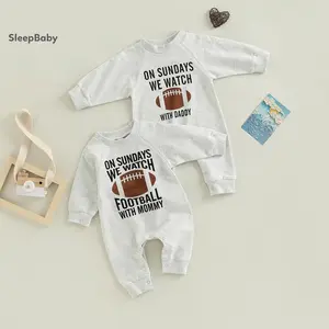 Boys Girls Baseball Romper Outfit Infant Baby Spring Autumn Jumpsuit, Cartoon Letter Rugby Print Long Sleeve Round Neck Full Length Romper