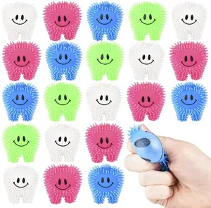 Mini Tooth Puffers, Set of 24, Squeezy Toys for Kids with Soft Spikes, Sensory Fidget Toys for Stress Relief in Assorted Colors, Goodie Bag Stuffers, and Dentist Office Giveaways