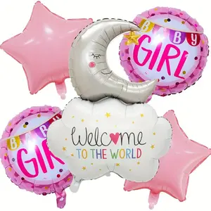 A set of 5 aluminum foil balloons with patterns of stars, moon, and clouds, used to welcome babies and celebrate their first birthday, including gender revealing and baby gifts (with ribbons and straws)
