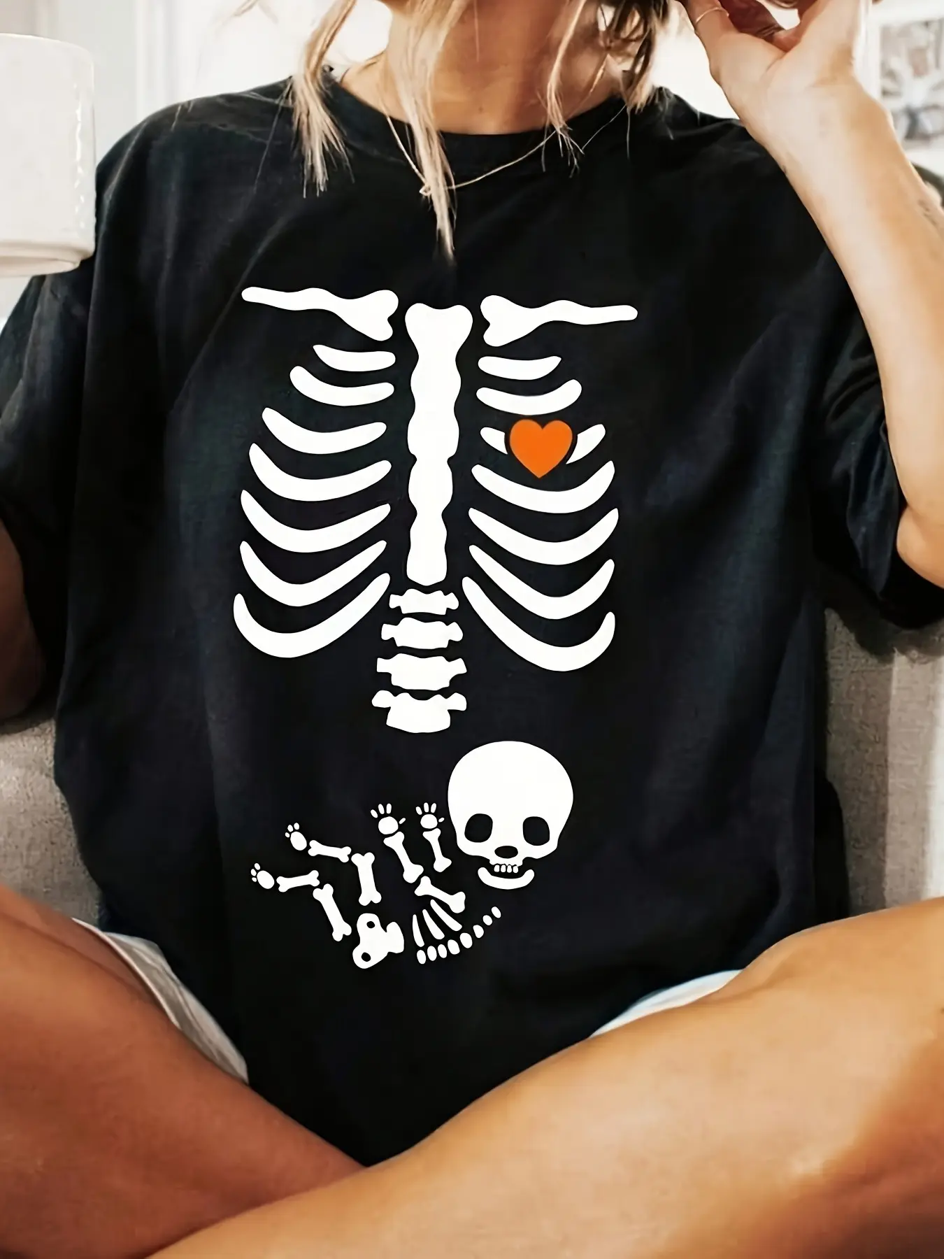 Women's 100% Cotton Round Neck Skeleton Ribcage Baby Heart Halloween Maternity Announcement Graphic Tee - Comfortable, Soft, Breathable, Aesthetic Spooky Casual Top, Wave, Aesthetics, Style, Streetwear, Loose