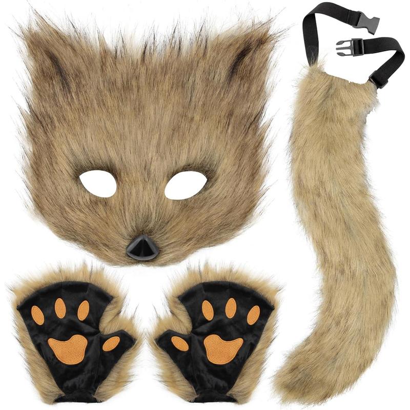 GJ-L-GCS067  Faux Fur Cat Fox Mask Tail and Paw Set, Wolf Furry Suit Plush Therian Accessories Kit