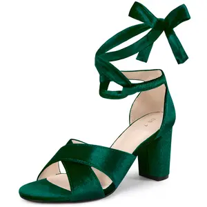 BLISSFUL STEP Velvet Chunky Heel Cross Strap Lace Up Heel Sandals for Women Emerald Green